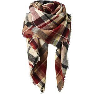 Womens Fall Winter Plaid Scarf - Soft Warm Blanket Wrap with Tassels